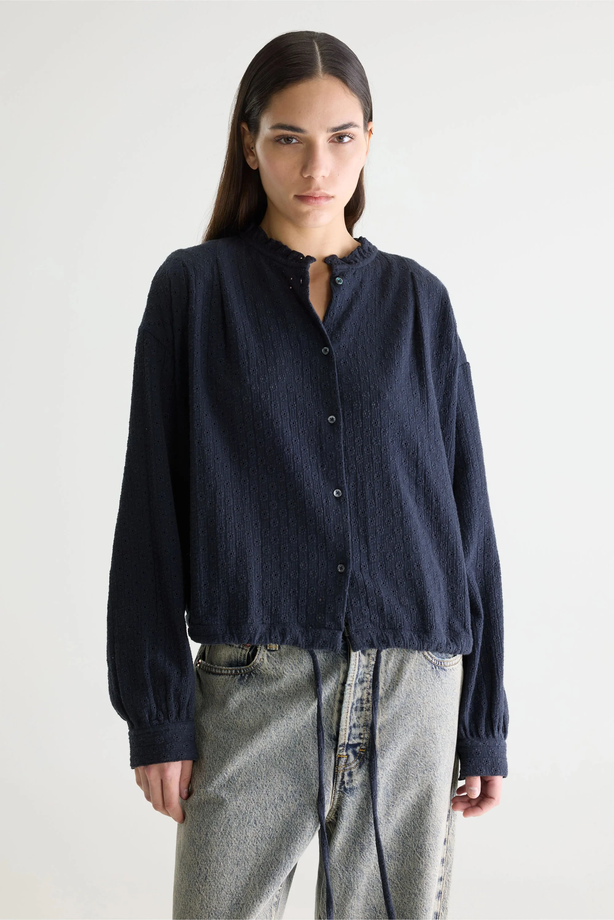 Women Button-Down Blouse 100 Percent Cotton - White Navy
