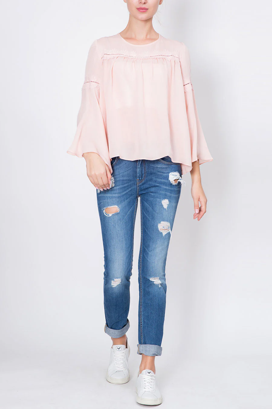 Crepe Top with Lace Trimming