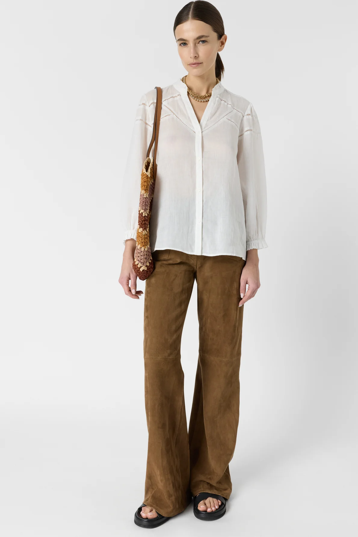 Women's Button-Down Blouse With Embroidered Openwork Ramie - Ecru - Image 2