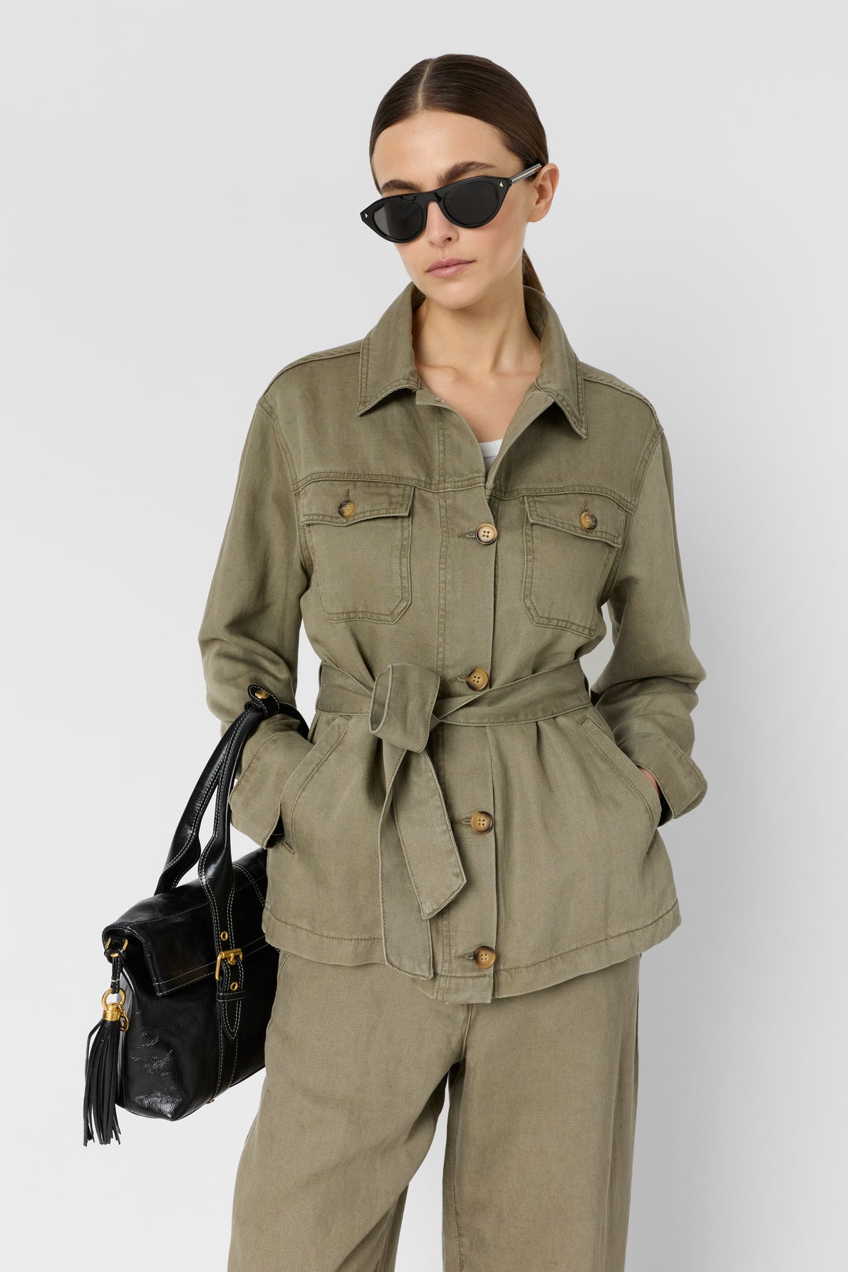 Women Safari Jacket Lyocell-Linen Blend - Khaki-Green - Image 4