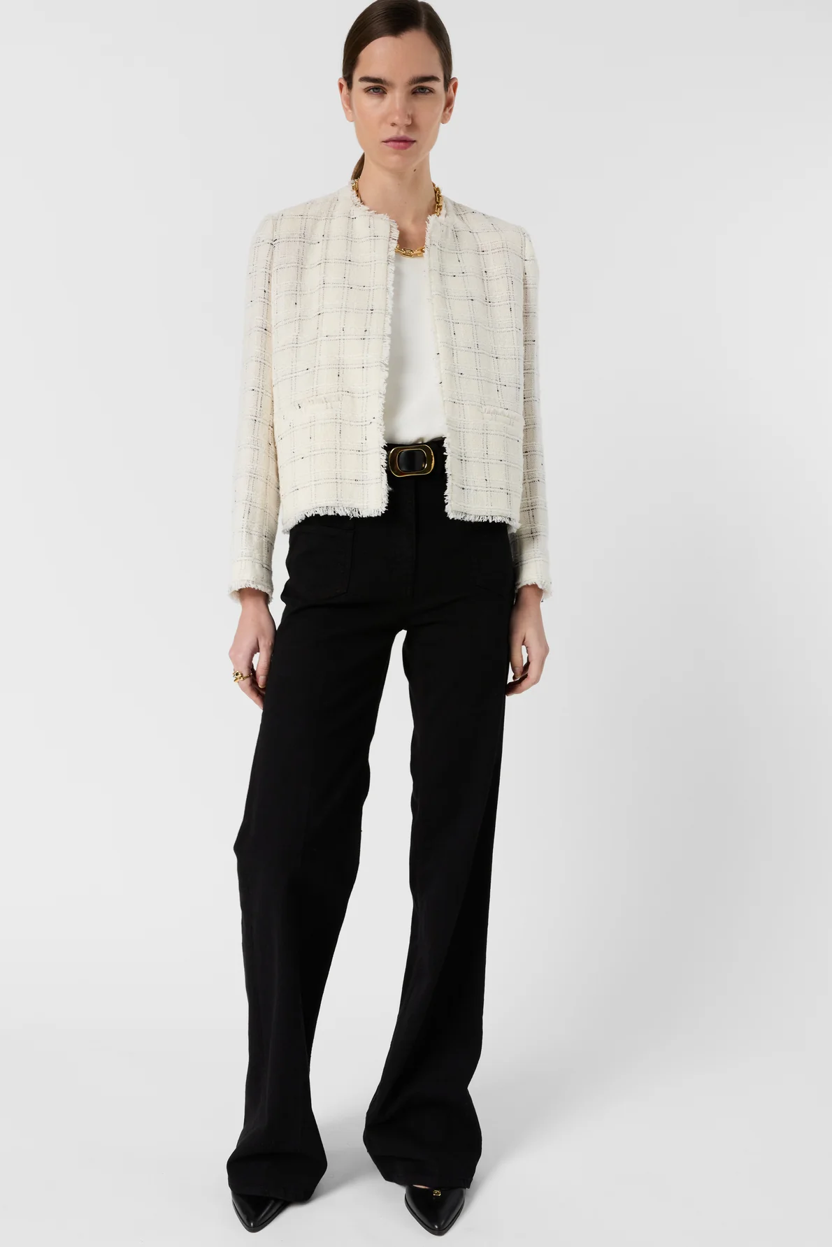 Women's Tailored Tweed Jacket Cotton Blend - Ecru - Image 8