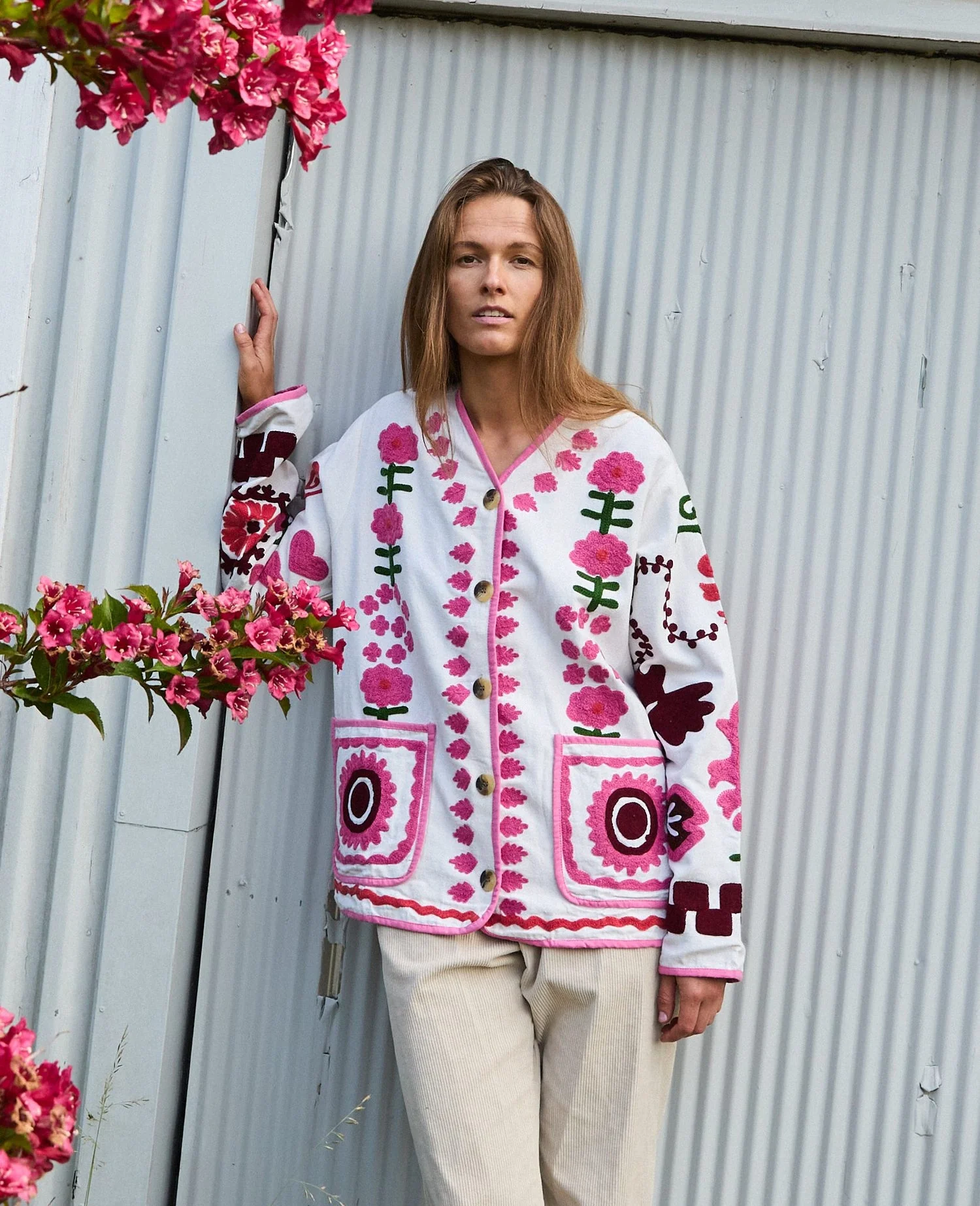 SISSEL EDELBO Women's Maggie Suzani Jacket Hand-Embroidered Cotton Canvas - Multi-Color Floral Flower